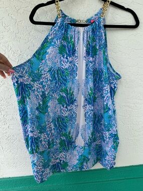 Lilly Pulitzer Bowen Chain Halter Top Blue Green Sea Large